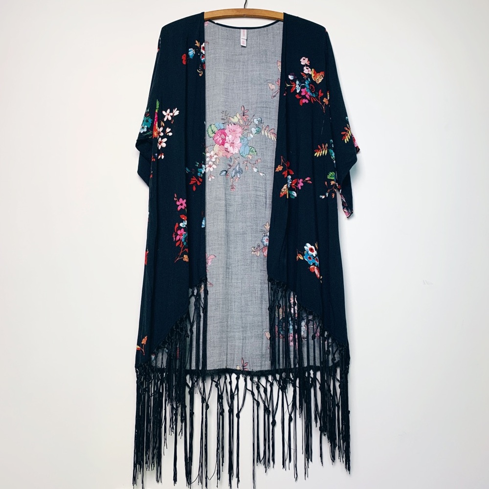 Black Floral Tassel Duster - Kimono